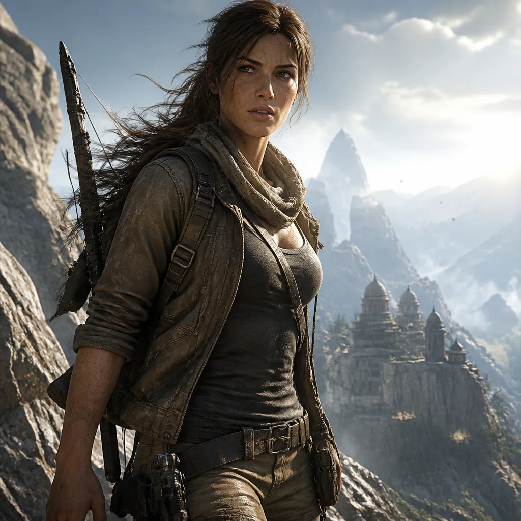 An action-adventure hero portrait inspired by Tomb Raider with windswept hair, tactical explorer gear, rugged field jacket, rocky cliff backdrop, bright sky haze, dynamic body angle, cinematic highlights, and polished blockbuster game art realism