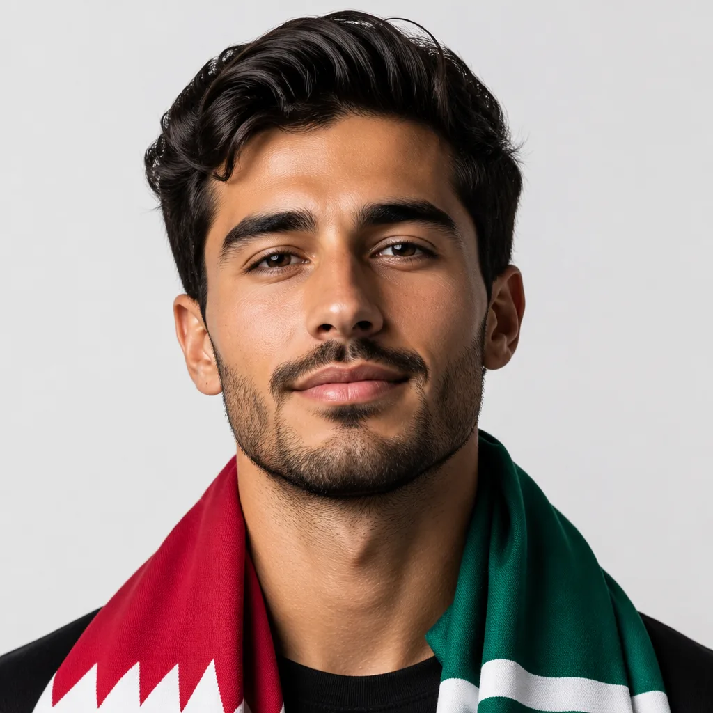 A minimal World Cup profile portrait with clean neutral background, subtle scarf in team colors, relaxed confident expression, centered face framing, polished skin detail, and a refined creator-avatar finish