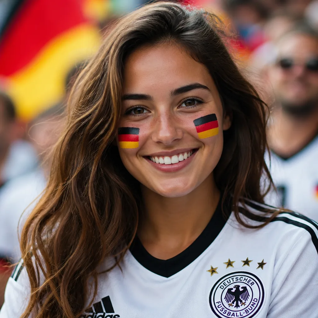 A World Cup fan portrait with clean team-color cheek stripes, soft stadium background blur, bright eyes, natural skin texture, centered beauty framing, and polished soccer-supporter photo clarity