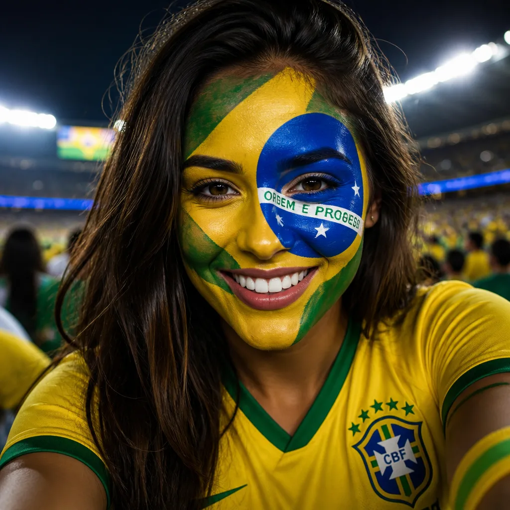A bold World Cup face paint portrait with vivid team-color graphics, night-match stadium light, confident smile, crisp facial detail, dynamic fan energy, centered composition, and premium sports-portrait finish
