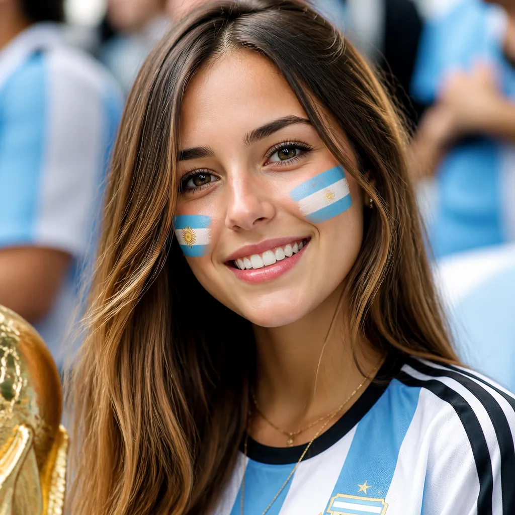 A fresh World Cup celebration portrait with subtle team-color face paint, bright daytime stadium atmosphere, relaxed happy expression, clean background blur, polished skin detail, and a refined fan-photo finish
